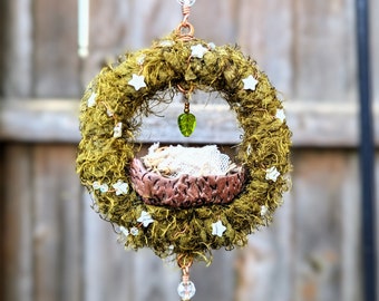 Nature's Child Mossy Glass Beaded Hanging Sun Catcher with Tiny Baby in Cradle