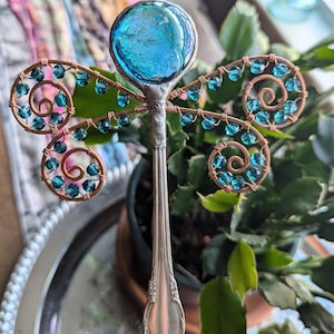 Dragonfly Silverware Sculpture Soldered  Copper Wire Wrapped Plant Jewelry Stake Yard Art