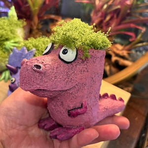May include: A pink dinosaur-shaped planter with a textured surface and green moss on top. The planter has large white-eyed details and is held in a hand. A purple dinosaur planter is in the background.