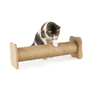 Könnte beinhalten: Eine braune und weiße Katze kratzt an einem mit Sisal bedeckten Kratzbaum. Der Kratzbaum ist aus Holz und hat eine zylindrische Form. Die Katze steht auf dem Kratzbaum und benutzt ihre Krallen, um das Sisal zu kratzen.
