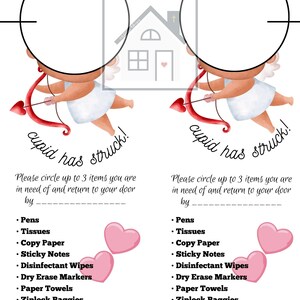 Op de afbeelding: Valentijnsdag deurhanger met twee illustraties van Cupido die een rode hartpijl richten. De tekst "cupid has struck!" wordt weergegeven. Bevat een lijst met items om aan te kruisen en een ruimte voor naam en klas.