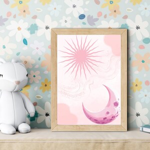 Arte de pared para guardería, decoración celestial, póster rosa, decoración de habitación infantil, arte de sol y luna, regalo para niña, decoración de guardería, arte celestial.