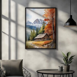 Impresión artística en acuarela, arte de cabaña de montaña, póster de otoño, arte paisajístico, decoración rústica del hogar, arte con vista al bosque, decoración de otoño, regalo de inauguración de la casa