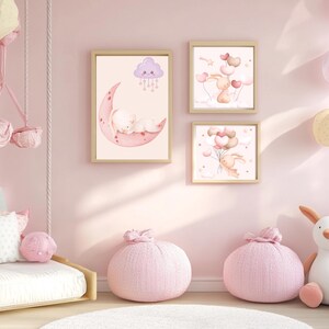 Arte infantil, juego de pósteres de conejito, decoración de guardería, arte de pared dulce, decoración de habitación infantil, regalo para niños, decoración de sala de juegos, póster rosa, regalo para baby shower
