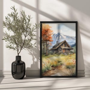 Póster de acuarela, arte de cabaña en el bosque, decoración rústica, arte natural, impresión de arte forestal, obra de arte serena, decoración natural, decoración de dormitorio, regalo para casa nueva