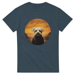May include: A dark blue t-shirt featuring a white dog wearing a jacket in a circle on the front. The circle has a sunset background.