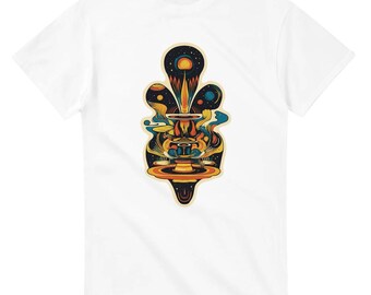 May include: White t-shirt with a colorful graphic print of a stylized galaxy with planets, stars, and a swirling nebula.