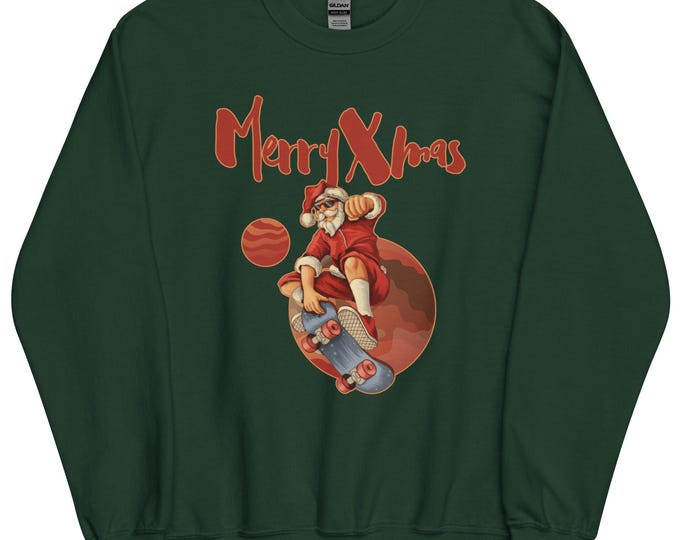 Adult christmas sweatshirt – Skateboarding Santa |matching christmas