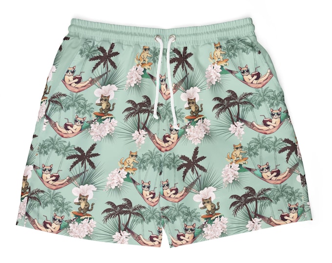 Tropical Vibes Swim Shorts, Summer Cat Print Board Shorts, Beach Pool Party Essentials, Men's Vacation Clothing, Unisex Tropical Cruise Wear