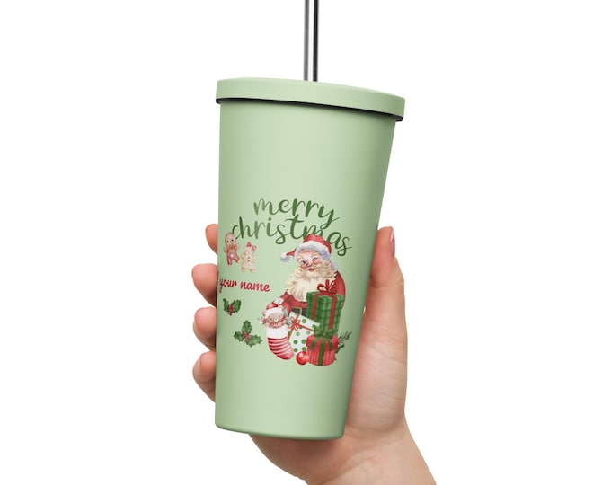 Steel tumbler, Personalized Christmas Tumbler – Modern Vintage Style