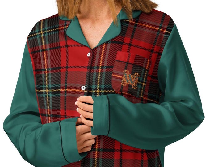 Personalized Christmas Plaid Pajama Top – Custom Initial Print | Festive Holiday Sleepwear (Pants Sold Separately)