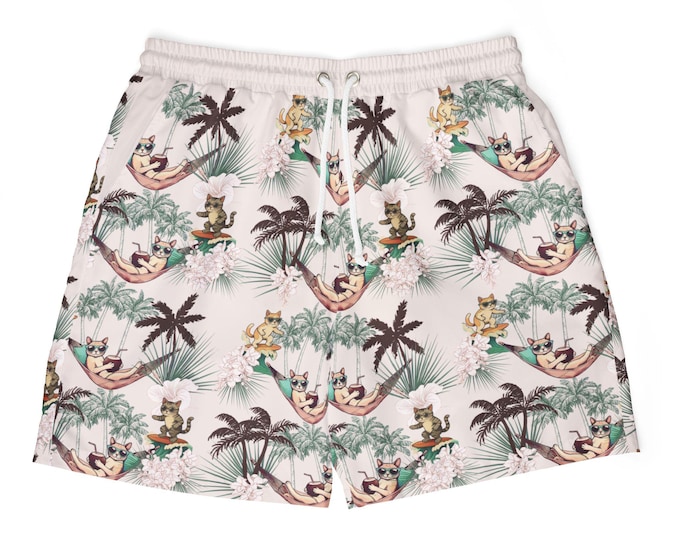 Men's Tropical Swim Shorts, Fun Cat Print, Beach Pool Party Apparel, Summer Vacation Wear, Festival Fashion