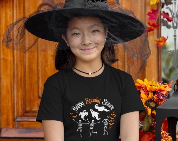 Ghost shirt -Happy Spooky Season – Dancing Skeletons & Ghosts – Youth – Fun Halloween Gift