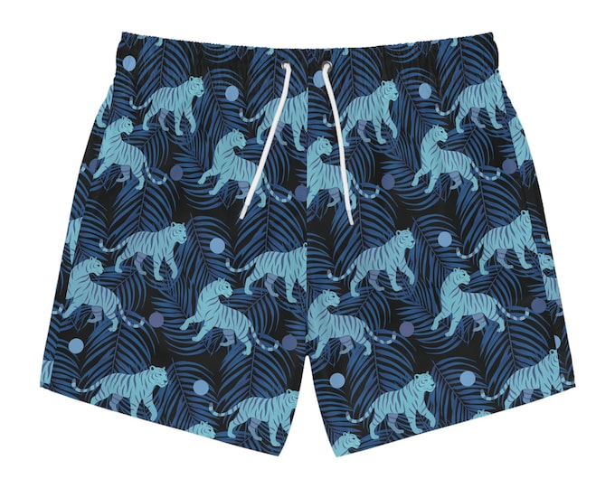 Tropical Tiger Swim Trunks Men's Summer Set, Beach Vacation Shorts, Matching Swimwear, Elastic Waistband Board Shorts, Exotic Print, Quick