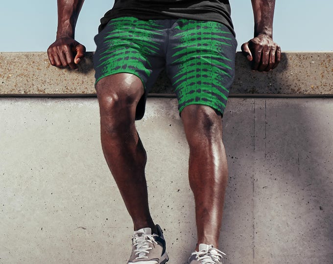 Men's Elastic Beach Shorts - Vibrant Green Pattern for Summer Vibes, Casual Beachwear, Vacation Essential, Pool Party Outfit, Comfortable