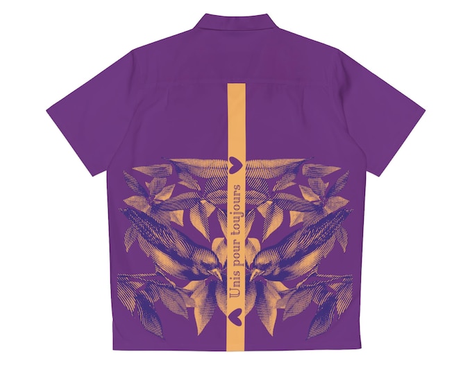 Men's Hawaiian Shirt, Deep Purple Graphic Print, 'United Forever' Message, Stylish Modern Top for Confident Free Spirits, Dreamers,