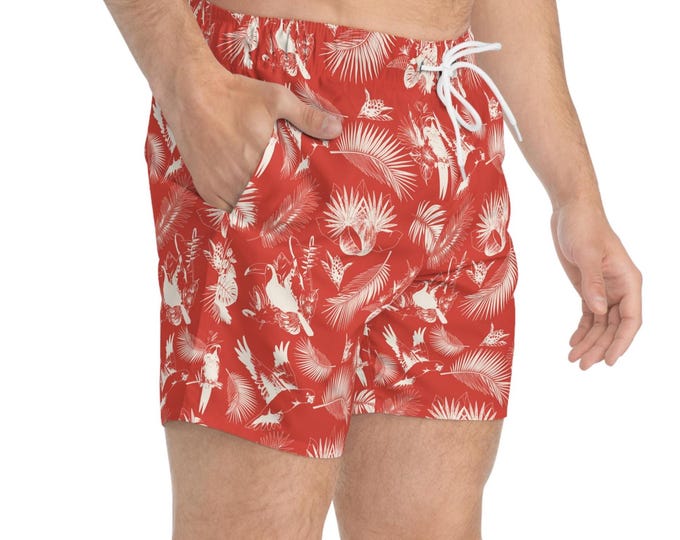 Coral Red Tropical Print Swim Trunks - Summer Beach Shorts, Men's Swimwear, Vacation Essentials, Pool Party Attire, Gift for Him