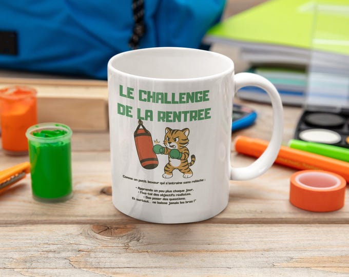 Personalized Glossy White Mug with First Name – Back to School – Motivating Boxing Tiger – 3 Sizes – Personalized Back to School Gift