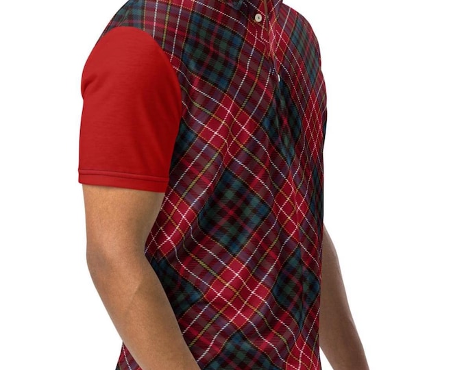 Men’s Christmas tartan polo – Elegant red plaid slim fit holiday shirt