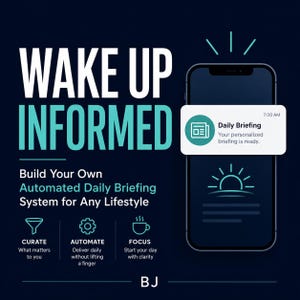 Op de afbeelding: Een donkerblauwe afbeelding met de tekst WAKE UP INFORMED en Build Your Own Automated Daily Briefing System for Any Lifestyle. Een smartphone toont een melding voor een Daily Briefing om 07:00 uur met iconen van een trechter, tandwiel en kopje.