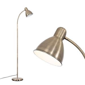 May include: A brass floor lamp with a flexible arm and a round shade. The lamp has a simple design and a classic look.