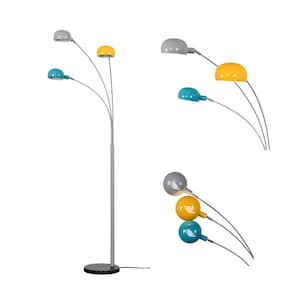 May include: A floor lamp with a silver base and three adjustable arms. The lamp has five shades, two yellow, two blue, and one grey.