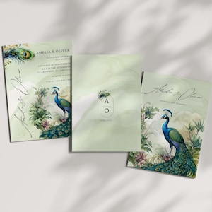 Jardín de plumas de pavo real - Plantilla de invitación de boda editable en Canva / PG01