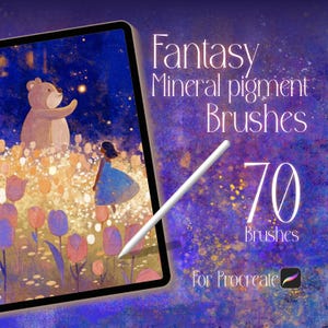 Op de afbeelding: Digitale illustratie op een tabletscherm, met een fantasierijke scène met een beer, een meisje in een blauwe jurk en bloemen. De tekst luidt "Fantasy Mineral pigment Brushes" en "70 Brushes" met het Procreate-logo.