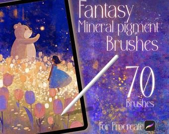 May include: A digital art illustration on a tablet screen, featuring a whimsical scene with a bear, a girl in a blue dress, and colorful flowers. The text reads "Fantasy Mineral pigment Brushes" and "70 Brushes" with the Procreate logo.