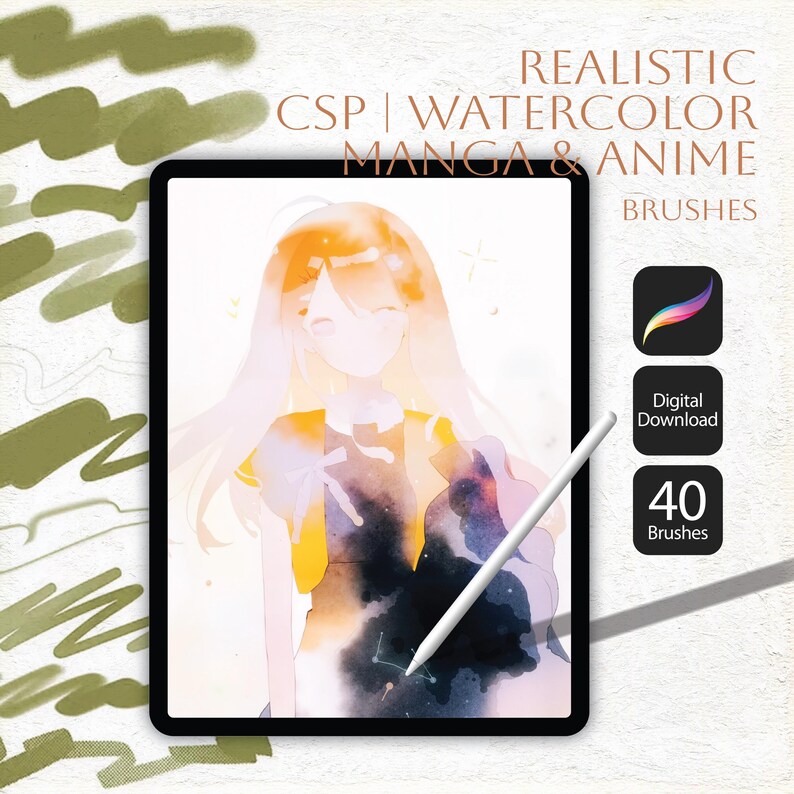 40 Realistic CSP Style Watercolor Manga Anime Brushes for Procreate ...