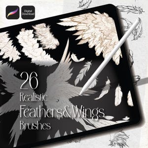 May include: A digital art product displayed on a tablet, featuring 26 realistic feather and wing brushes. The image shows detailed illustrations of wings and feathers in shades of white and gray, with a white stylus resting on the screen. The text "26 Realistic Feathers & Wings Brushes" is prominently displayed.