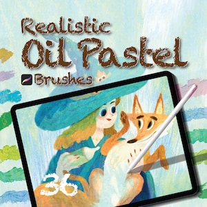 Könnte beinhalten: Ein Tablet-Bildschirm zeigt eine farbenfrohe Illustration einer Frau und eines Fuchses, mit einem weißen Stift. Der Text "Realistic Oil Pastel Brushes" steht oben. Die Zahl "36" ist sichtbar. Das Kunstwerk hat ein Märchen-Thema.