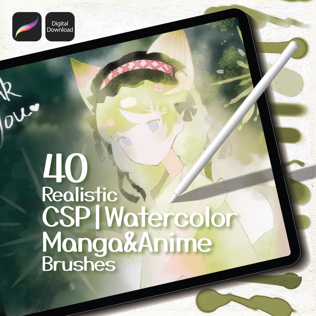 40 Realistic CSP Style Watercolor Manga Anime Brushes for Procreate ...