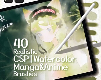 40 realistische aquarelmanga-animeborstels in CSP-stijl voor procreate | Zachte inkt, verf en textuurborstels voor illustratie en strips