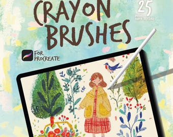 Retro Crayon Procreate Brushes, Illustration Brushes Bundle, 25 Texture Brushes + 15 Paper Overlays, Kids Art, Stationery & Scrapbooking