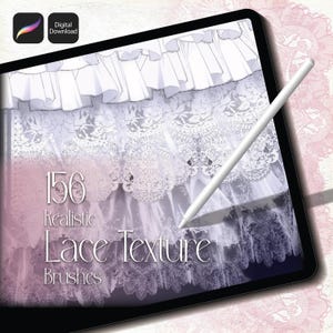 May include: Digital download of 156 realistic lace texture brushes for digital art. The image shows a tablet with a white stylus, displaying a variety of lace patterns in white and pink hues. The text "Lace Texture Brushes" is visible.
