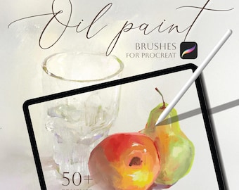 May include: Digital art of a red apple and green pear on a tablet screen, with a glass and the words "Oil paint" and "Brushes for Procreate". A white stylus hovers above the screen. The image also includes the text "50+ Brushes".