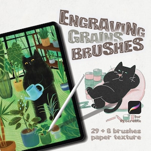 May include: Digital art illustration of a black cat watering plants on a tablet screen. The tablet is next to a white stylus and text that reads "Engraving Grains Brushes". The image also shows a cat lounging on a pink pillow.