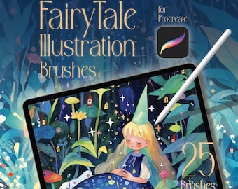 以下が含まれることがあります： タブレットとスタイラスのデジタルイラスト。おとぎ話がテーマのイラストを紹介しています。タブレットには、青いドレスを着た眠っている女の子が、気まぐれな要素に囲まれて表示されています。テキストは「Fairy Tale Illustration Brushes」と「25 Brushes」と書かれています。