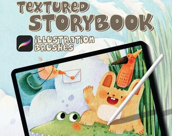 Children’s Storybook Illustration Procreate Brushes – 14 Hand-Drawn Art Brushes + 12 Paper Textures – Watercolor, Pencil & Ink Brush Set