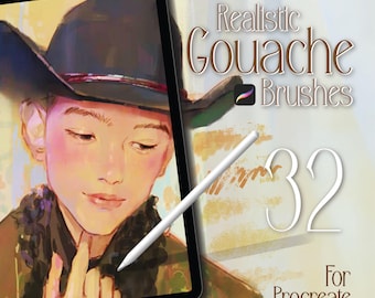 Realistic Gouache Procreate Brushes – 32 Natural Gouache Painting Brushes + 12 Paper Textures – Traditional Painterly Digital Art Brush Set