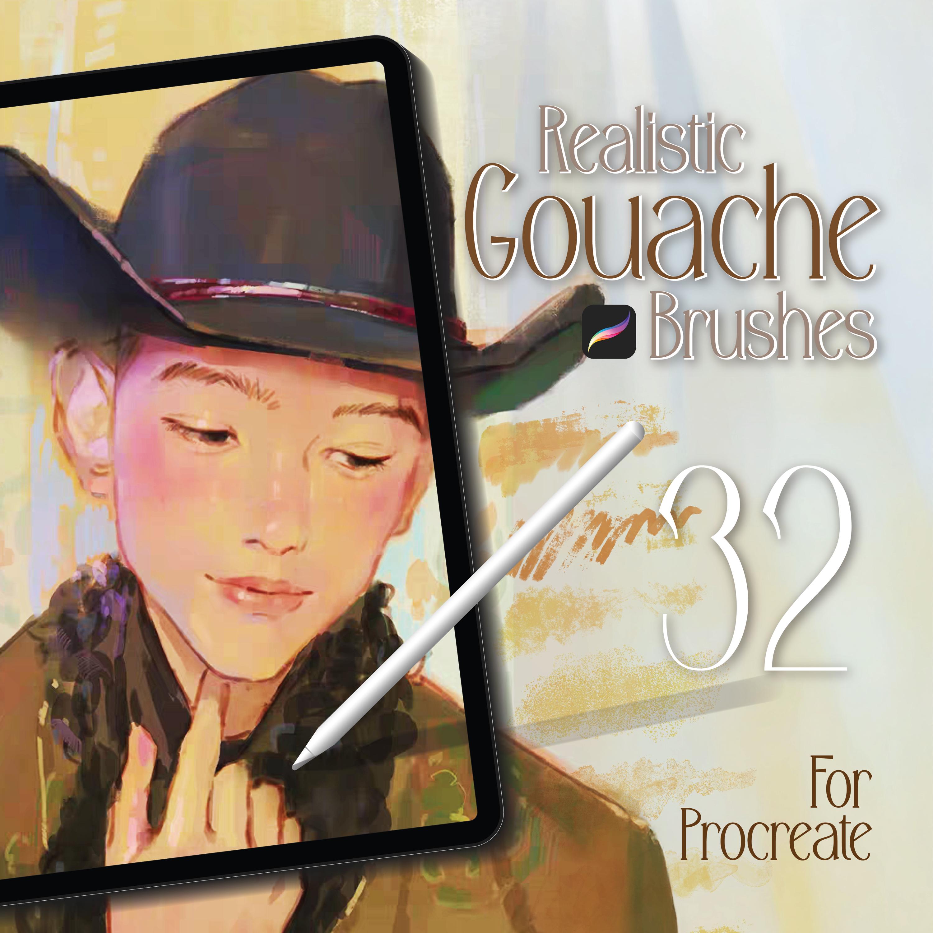 Pincéis de guache realistas para Procreate – 32 pincéis pictóricos + 12 texturas de papel para arte mate tradicional