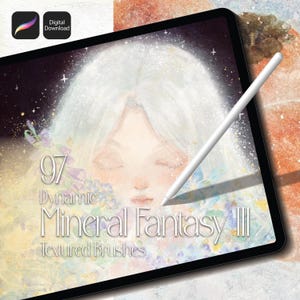 Puede incluir: Una tableta digital que muestra una ilustración de arte digital con un lápiz óptico blanco. La obra de arte presenta el rostro de una mujer con cabello blanco fluido y el texto "97 Dynamic Mineral Fantasy III Textured Brushes". La tableta también muestra el logotipo "Digital Download".