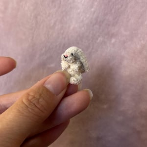 May include: A miniature, off-white, fuzzy rabbit figurine with long, floppy ears and a small pink nose. The tiny creature is crafted with a soft, textured surface and features dark, bead-like eyes, appearing as a small, detailed collectible item.