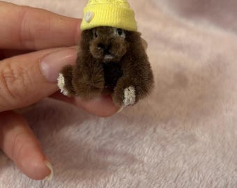 Tiny handmade brown rabbit in yellow hat 1.5 inches sitting cute gift