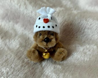 Tiny handmade teddy 1.5 sitting wearing cute Christmas hat. Cute gift, stocking filler
