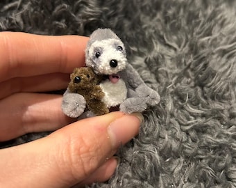Tiny cute handmade grey sloth with teeny teddy. 1.5inches sitting Cute gift.