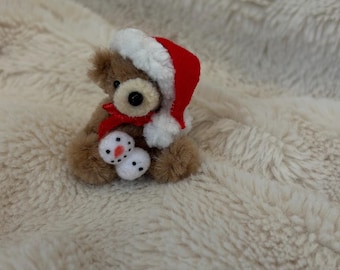 Tiny handmade teddy 1.6 inches sitting wearing cute Christmas hat holding teeny snowman Cute gift, stocking filler