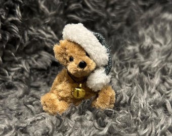 Tiny handmade teddy 1.5 sitting wearing cute Christmas hat. Cute gift, stocking filler