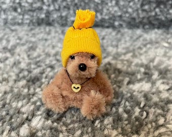 Tiny handmade teddy dog 1.5 sitting wearing cute hat. Cute gift, stocking filler